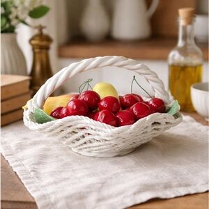 Vintage Italian Porcelain Fruit Basket Capodimonte Style Cherries Banana Decor